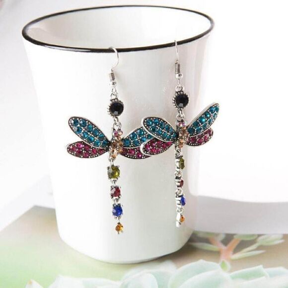 Multi Color Gem Dragonfly Earrings - Picture 3 of 3